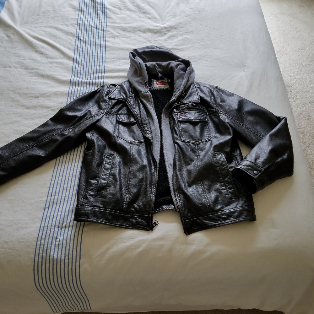 Levi's Black Faux Leather Sherpa Lined Hoodie Jacket